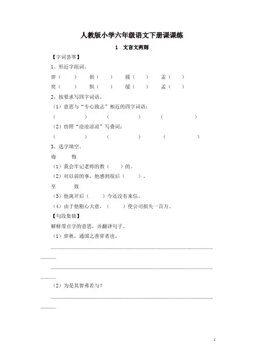 部编人教版小学六年级语文下册全册课课练