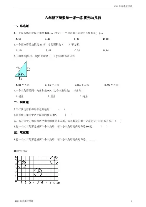 六年级下册数学一课一练图形与几何北师大版(含答案)