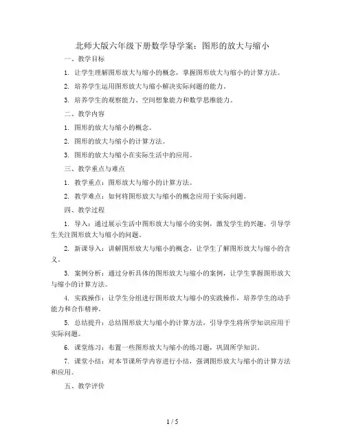 北师大版六年级下册数学导学案：图形的放大与缩小