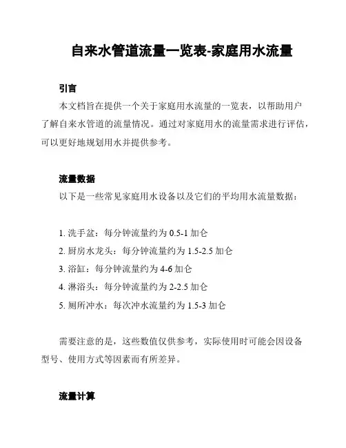 自来水管道流量一览表-家庭用水流量