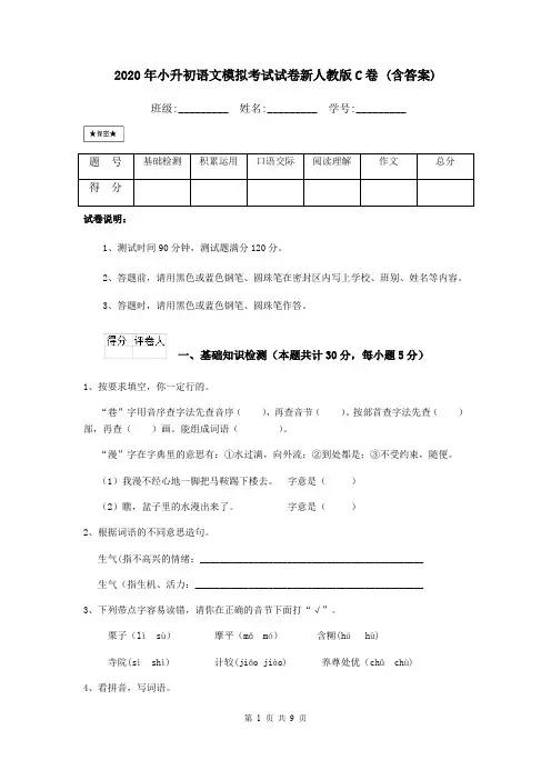 2020年小升初语文模拟考试试卷新人教版C卷 (含答案)