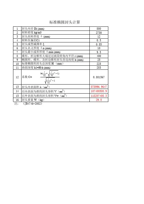 标准椭圆封头面积、容积和重量计算