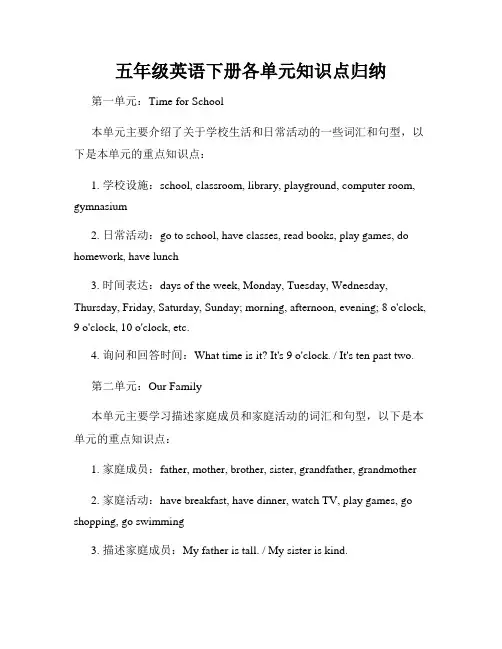 五年级英语下册各单元知识点归纳
