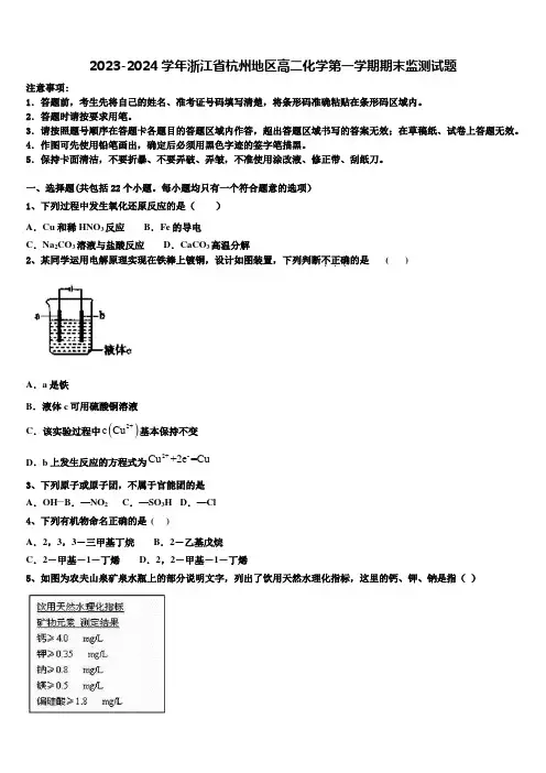 2023-2024学年浙江省杭州地区高二化学第一学期期末监测试题含解析