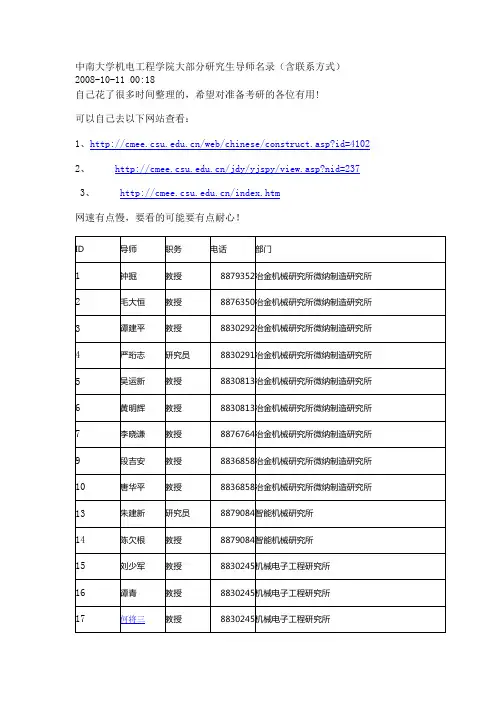 中南大学机电工程学院大部分研究生导师名录
