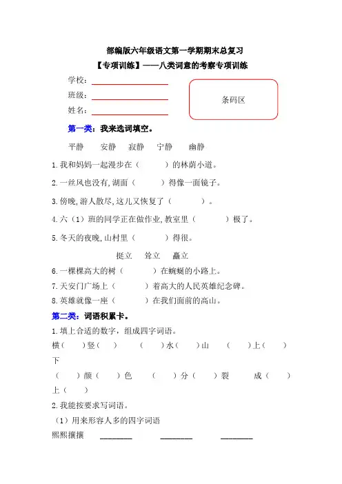 【期末复习专项训练】部编版小学语文六年级上册期末总复习《八类词意的考查》附答案