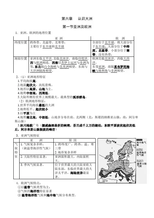 湘教版地理七年级下册6.1亚洲和欧洲 知识点