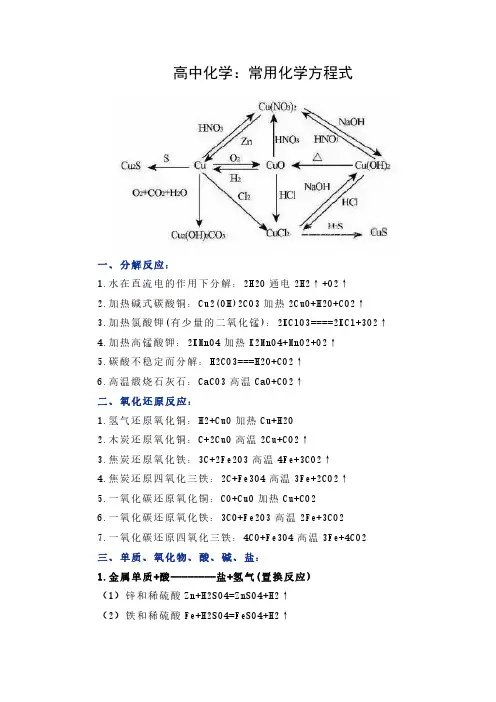 高中化学：常用化学方程式