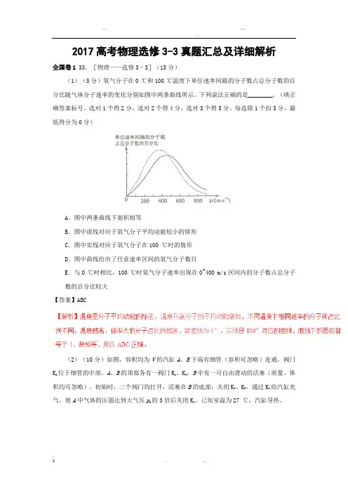 2017高考物理选修3-3真题汇总及详细解析