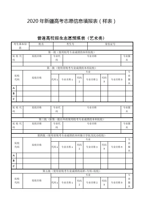 2020年新疆高考志愿信息填报表(样表)