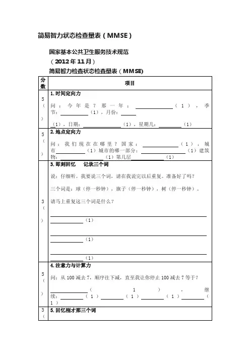 简易智力状态检查量表（MMSE）