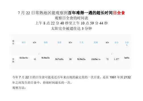 7月22日常熟地区能观察到百年难得一遇的超长时间日全食