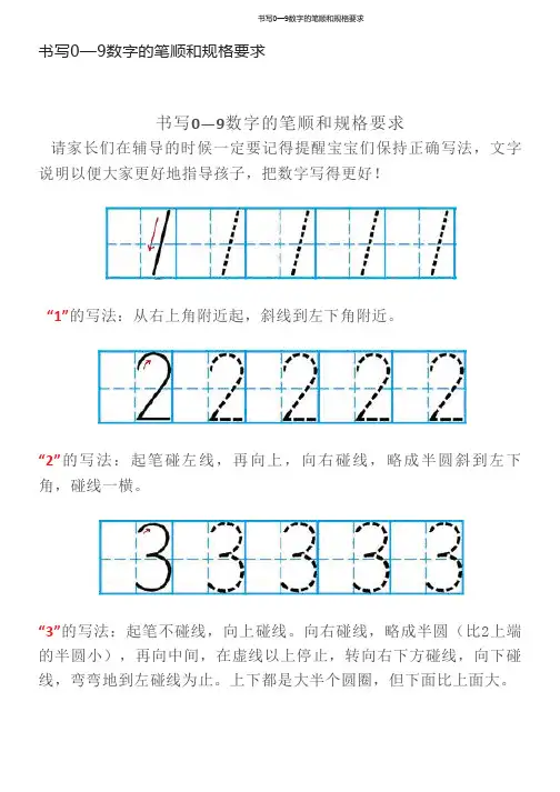书写0—9数字的笔顺和规格要求数字描红贴