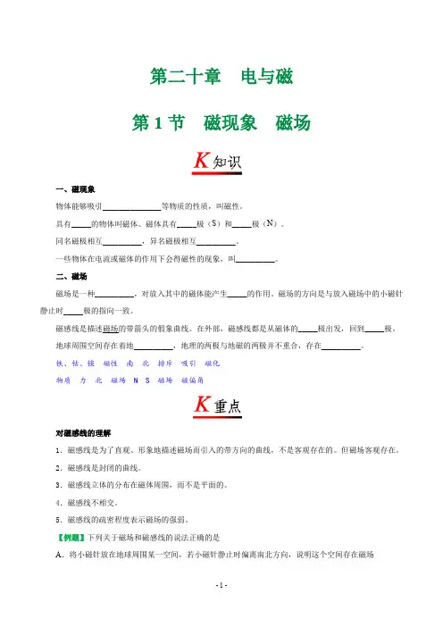 初中物理-九年级(初三)物理全册同步课程复习讲义-专题20.1 磁现象  磁场