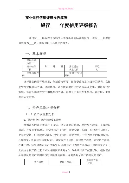 商业银行信用评级报告模版