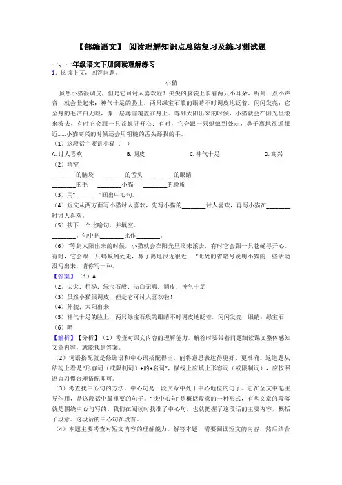 一年级【部编语文】 阅读理解知识点总结复习及练习测试题
