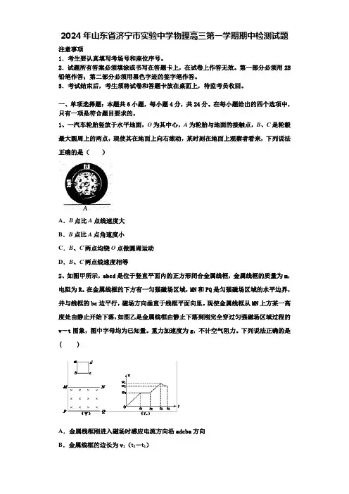 2024年山东省济宁市实验中学物理高三第一学期期中检测试题含解析