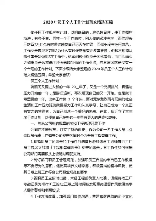 2020年员工个人工作计划范文精选五篇