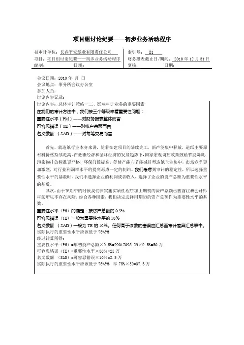长春平安纸业有限责任公司素引号B1项目组讨论纪要模版