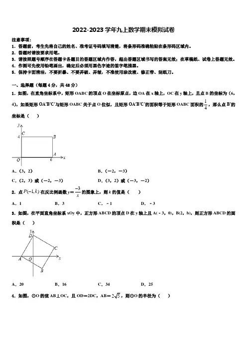 湖北省武汉市市新观察2022-2023学年九年级数学第一学期期末学业水平测试模拟试题含解析