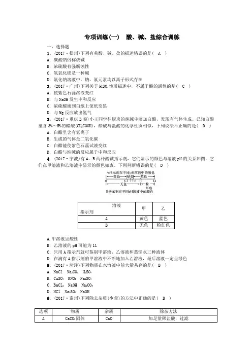 中考化学人教版总复习专项训练一 酸、碱、盐综合训练.doc