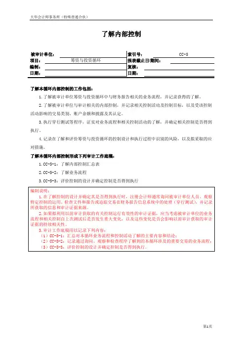 CC-5 筹资与投资循环-了解内部控制汇总表及业务流程