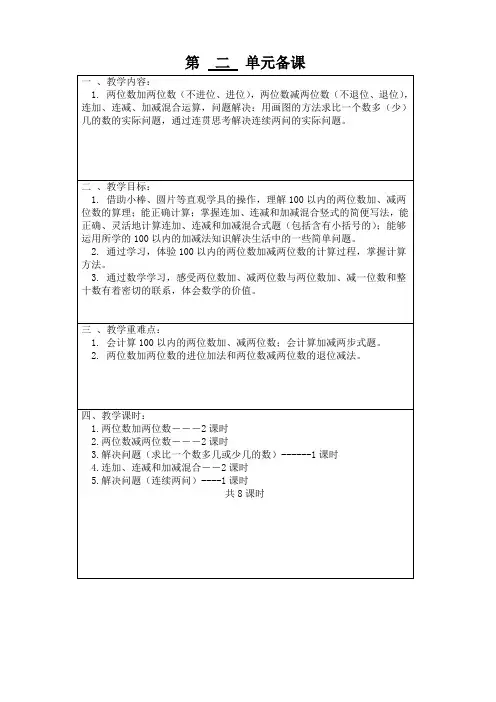 人教版小学数学二年级(上册)第二单元教学设计