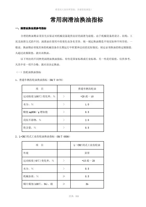 常用润滑油换油指标