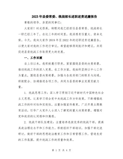2023年县委常委、统战部长述职述责述廉报告