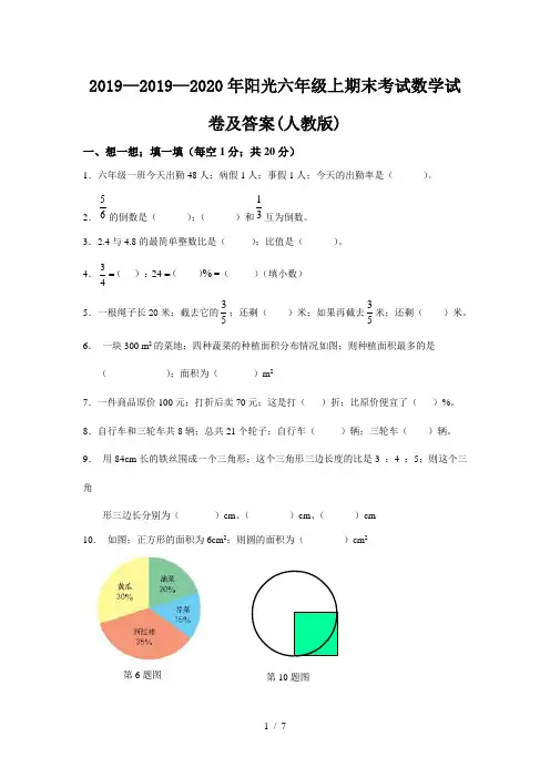2019—2020年阳光六年级上期末考试数学试卷及答案(人教版)