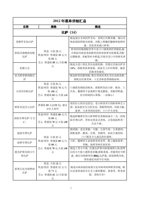 2012年必胜客菜单汇总(后附简版)