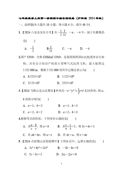 七年级数学上册第一学期期中综合测试卷(沪科版 2024年秋)