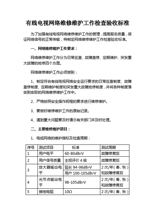 有线电视网络维护工作检查验收标准