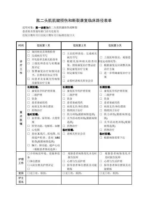 肱二头肌肌腱损伤和断裂康复临床路径表单