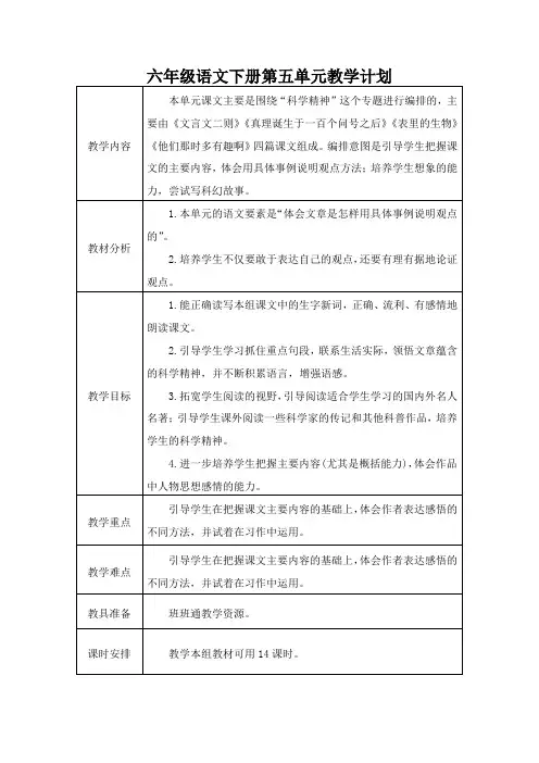 六年级语文下册第五单元教学计划