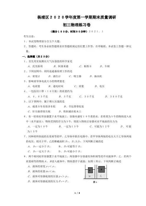 上海市杨浦区2020-2021学年九年级物理一模试卷(含答案)