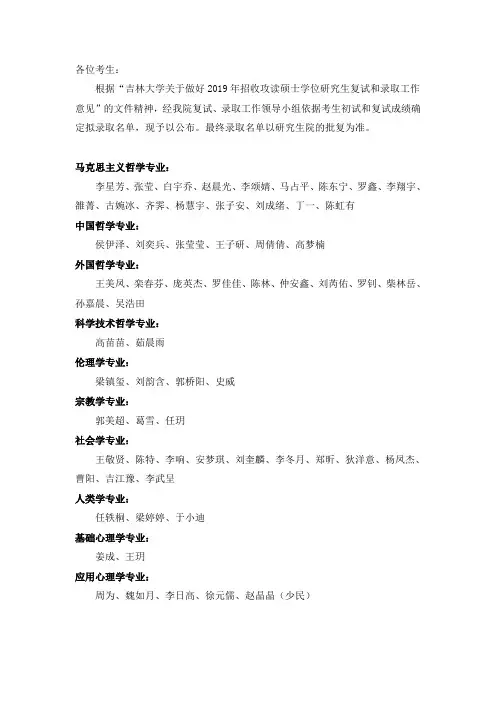 2019年吉林大学哲学社会学院硕士拟录取名单