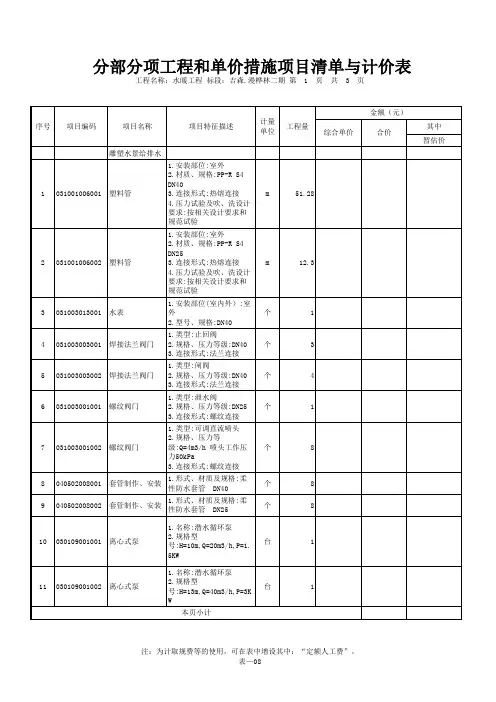 表-08 分部分项工程和单价措施项目清单与计价表《水暖工程造价》