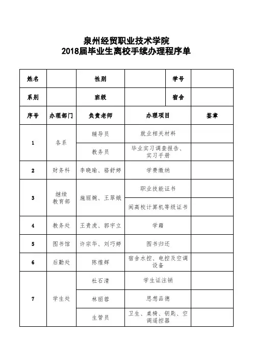2018届毕业生离校手续办理程序单