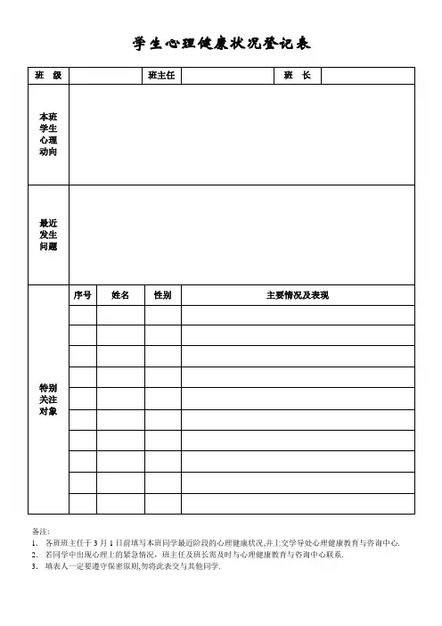 学生心理健康状况登记表