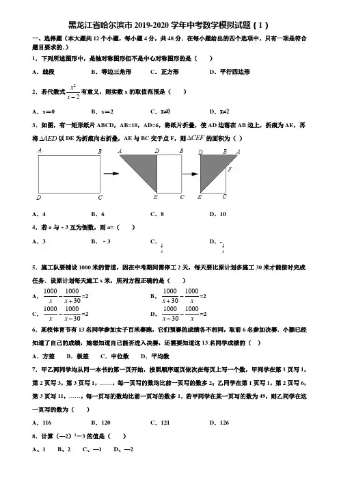 黑龙江省哈尔滨市2019-2020学年中考数学模拟试题(1)含解析