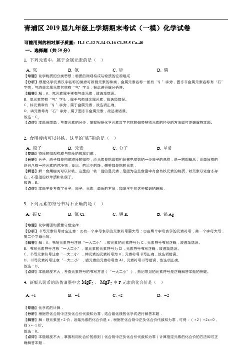 2019年上海市中考化学模拟试题(解析版)
