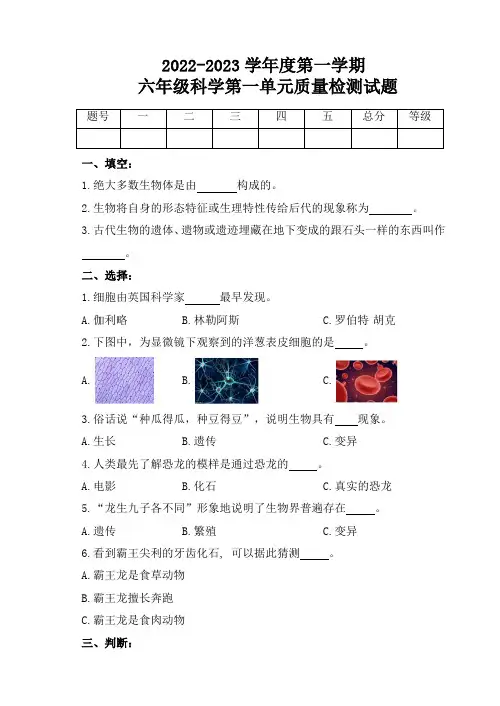 新青岛版科学六三制六年级上册第一单元测试题1(含答案)