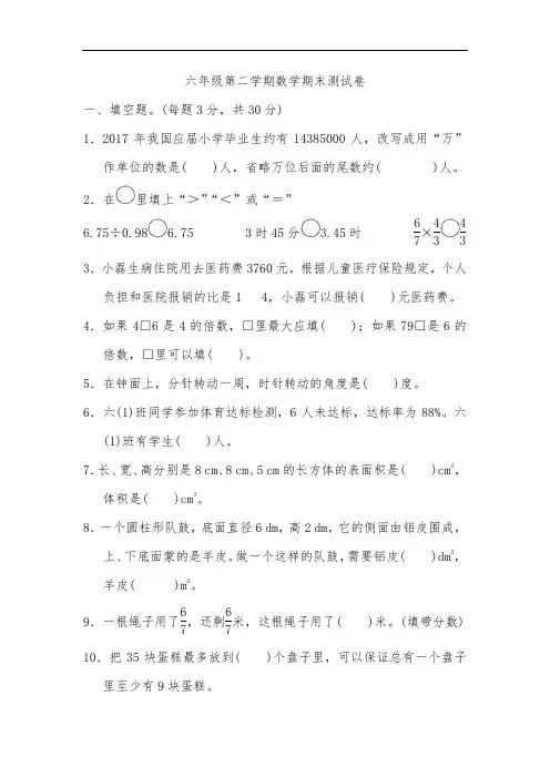 人教版六年级下册数学期末测试卷2套(13)