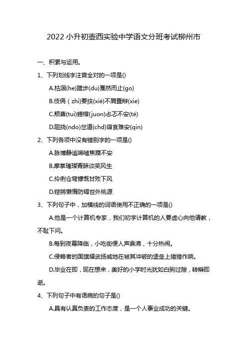 2022小升初壶西实验中学语文分班考试柳州市