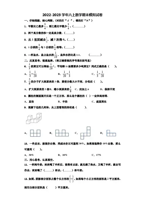 云南省昆明地区2022年六年级数学第一学期期末检测试题含解析
