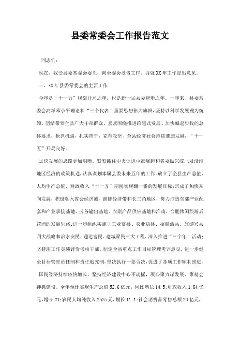 县委常委会工作报告范文