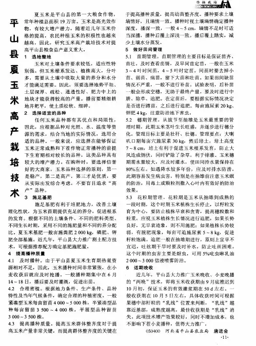 平山县夏玉米高产栽培技术