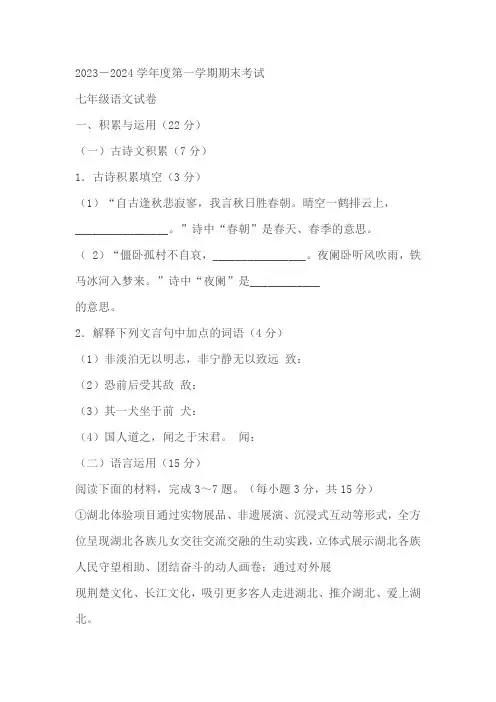 湖北省武汉市东湖高新区2023-2024学年七年级上学期期末语文试题(含答案)