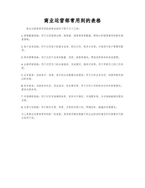商业运营部常用到的表格
